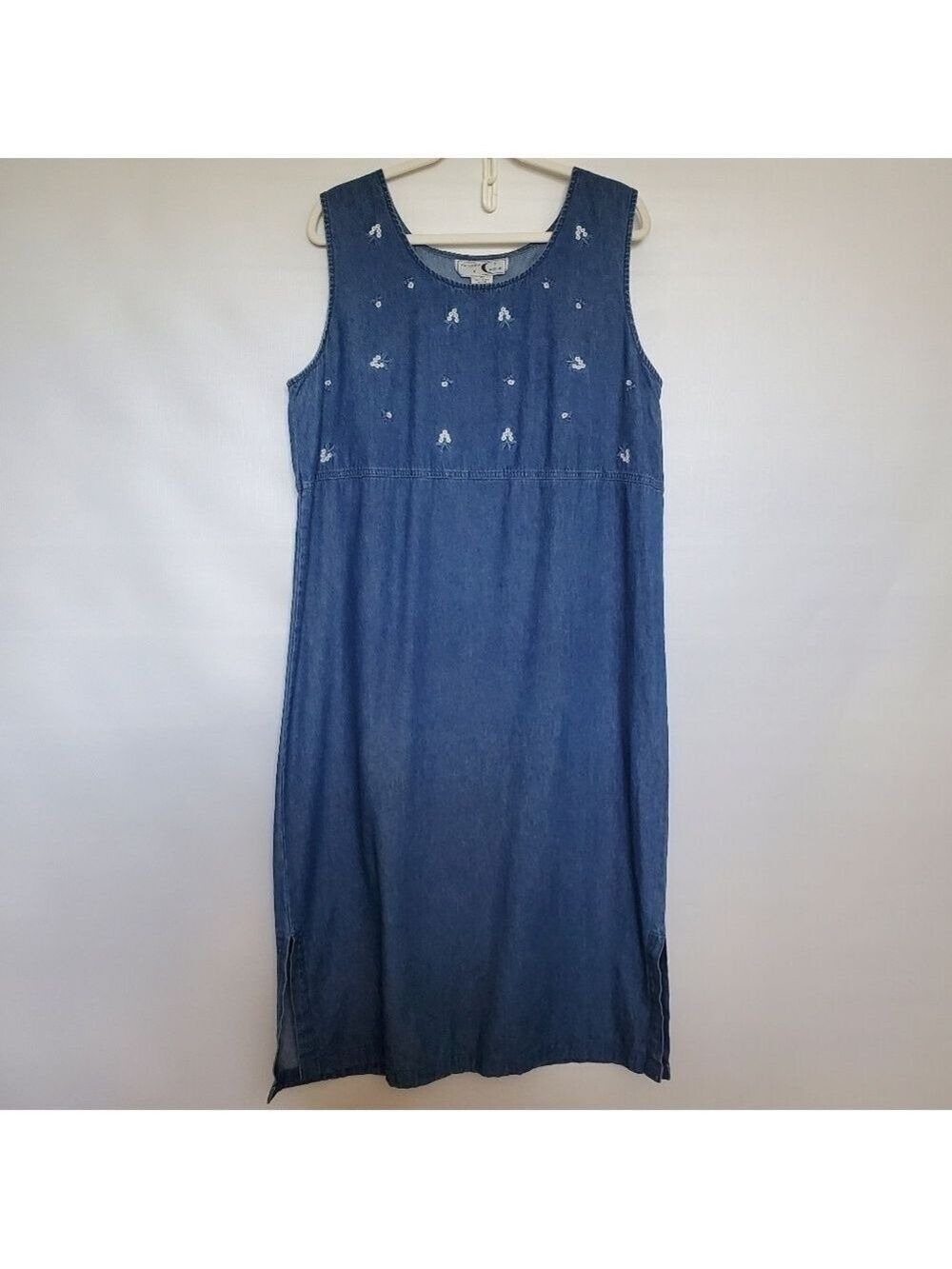 VICTORIA MOON VINTAGE MIDI DRESS DENIM CHAMBRAY EMBROIDERED FLOWERS WOMEN (XL)